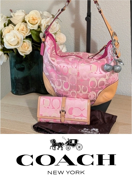 Coach Handbags - Y2K Coach Optic Hobo Bag & Wallet Signature Pink Jacquard & Leather Matching Set